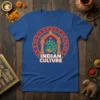 Indian Culture t-shirt featuring a colorful peacock inside an ornate circular frame with traditional Indian patterns