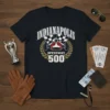 Indianapolis Speedway 500 t-shirt with vintage race car, checkered flags, and laurel wreath graphic