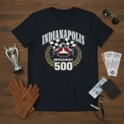 Indianapolis Speedway 500 t-shirt with vintage race car, checkered flags, and laurel wreath graphic