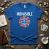 Blue t-shirt with white text "INDIVISIBLE" and a circular graphic of red hands holding a white globe