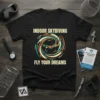 Indoor Skydiving Fly Your Dreams t-shirt featuring a skydiver in mid-air within a colorful swirl graphic