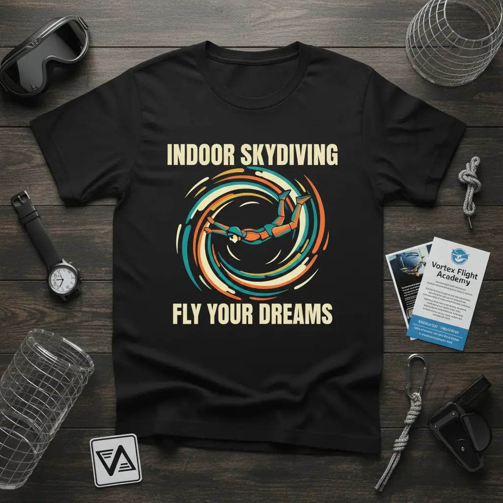 INDOOR SKYDIVING FLY YOUR DREAMS detailed print printed on durable material creating a standout t-shirt