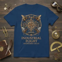 Steampunk t-shirt design with "Industrial Flight Engineered Grace" text, featuring bees and compass graphic