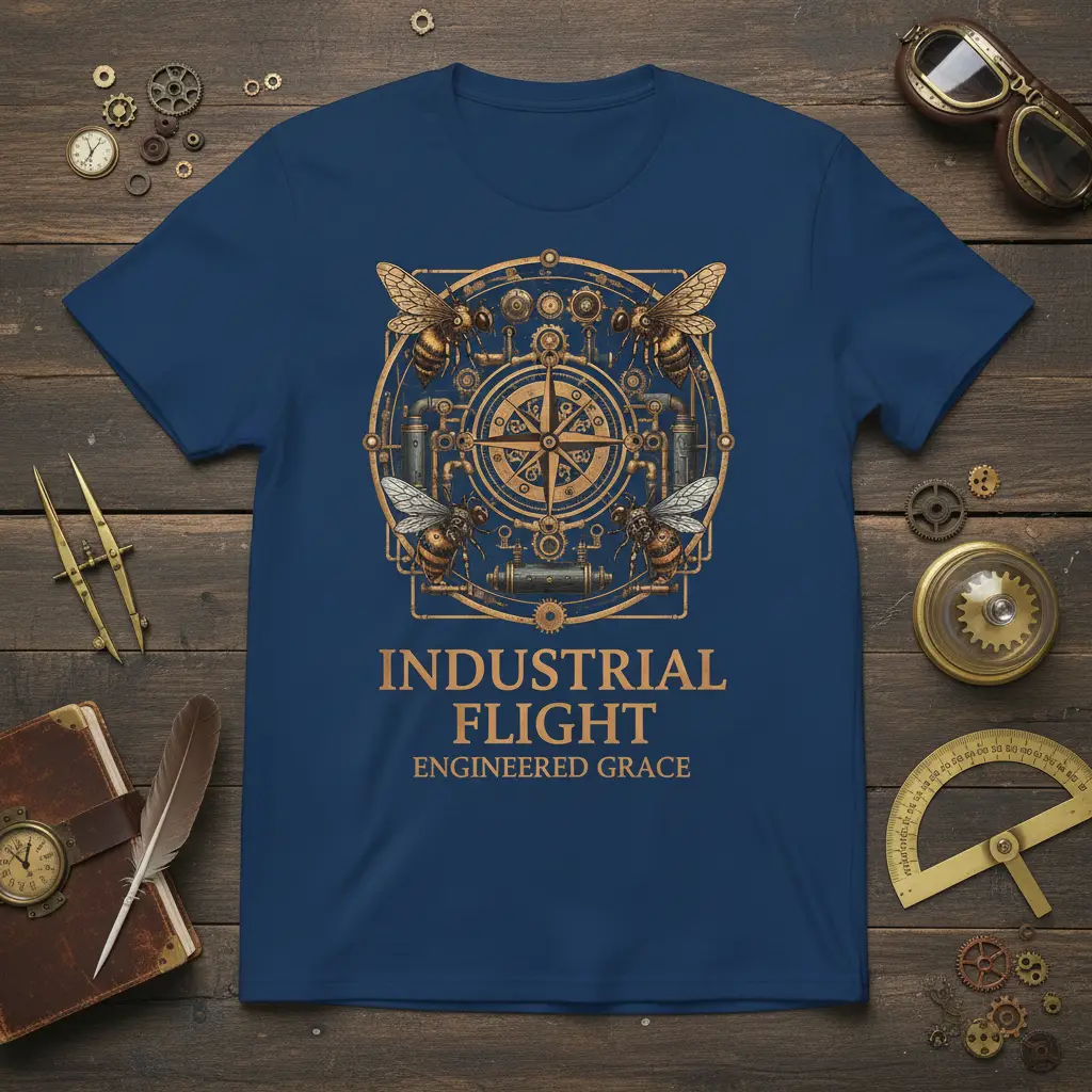 Industrial Flight Engineered Grace steampunk t-shirt design with bees and mechanical compass graphic
