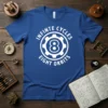 White text "INFINITE CYCLES 8 EIGHT ORBITS" with a gear graphic on a royal blue t-shirt, featuring the number 8