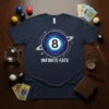 Navy blue t-shirt featuring a graphic of an 8 ball within a cosmic swirl and the text "Infinite Fate"