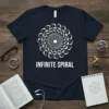Navy t-shirt with a white geometric infinite spiral design and text "INFINITE SPIRAL"