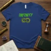 Blue t-shirt with the word "INFINITY" in green text above a green, stylized infinity symbol resembling a coiled snake