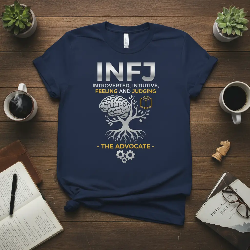INFJ Introverted Intuitive Feeling quote printed with bold typography on quality cotton blend t-shirt design
