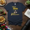 Inhale Tacos Exhale Negativity quote with yoga pose and taco graphic on a navy t-shirt
