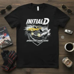 Initial D Japanese Street Racing Legends t-shirt design featuring two iconic drift cars on a race track