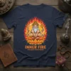 Inner Fire Unleash Your Power t-shirt design featuring a multi-faced deity meditating within flames on a lotus flower
