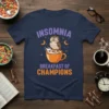 Insomnia Breakfast of Champions t-shirt with a cute owl sitting in a bowl of cereal, text in purple and orange