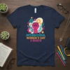 International Women's Day 8 March text with raised fist graphic and floral elements on a navy t-shirt
