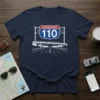 Interstate 110 highway sign graphic tee with bridge and road design in white on navy blue shirt