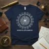 Interstellar Geometry T-Shirt with white geometric cosmic design and text