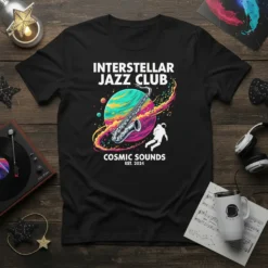Interstellar Jazz Club Cosmic Sounds Est. 2024 t-shirt design with saxophone, astronaut, and planets
