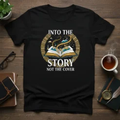 Into The Story Not The Cover quote on a black t-shirt, featuring an open book with a fantasy landscape emerging