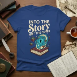 T-shirt with "INTO THE Story NOT THE COVER" text above a graphic of a person entering a portal from a