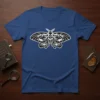 Intricate moth design t-shirt featuring a detailed moth with eyes, skull face, and small animal silhouettes