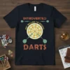 Introverted But Willing To Discuss Darts text with dartboard and dart graphics on a dark t-shirt