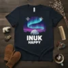 Inuk Happy t-shirt design featuring white text "INUK HAPPY" below an illustration of an igloo under the aurora borealis with