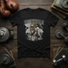 Invincible lion warrior t-shirt design with lightning and armor, motivational gym wear