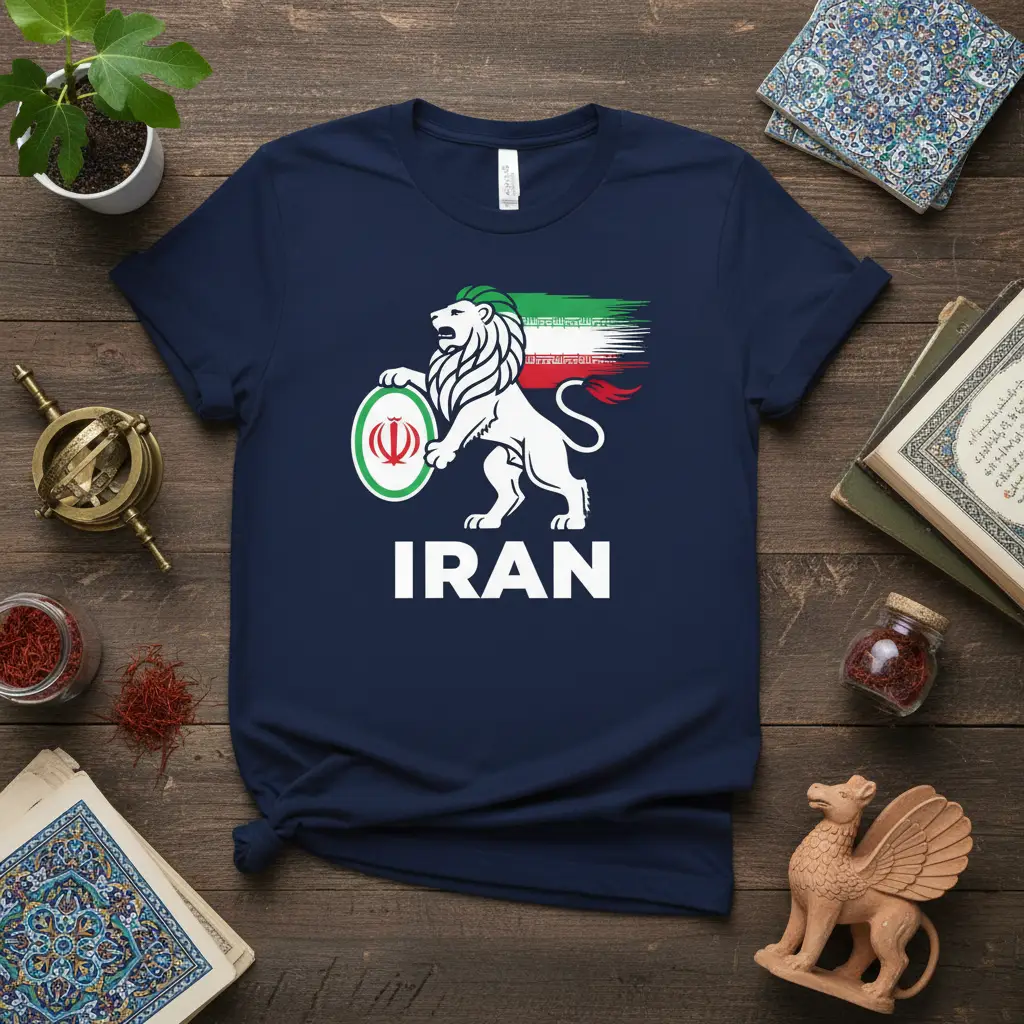 Navy blue IRAN T-Shirt with lion emblem and national flag colors for Persian pride