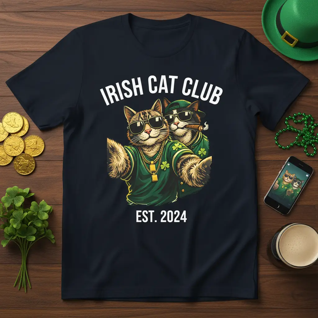 IRISH CAT CLUB EST. 2024 graphic t-shirt with cool cats in sunglasses and green Irish attire
