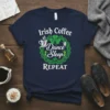 Irish Coffee Dance Sleep Repeat t-shirt with shamrocks and dancing figures