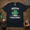 Navy t-shirt with "IRISH I WAS FASTER" text, green running shoes, and shamrock graphics