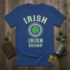 Blue t-shirt with "IRISH IRISH IRISH" text and a green shamrock inside a Celtic knot circle