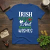Blue t-shirt with "IRISH KISSES & Shamrock WISHES" text in white and green, featuring shamrocks and red lips graphic