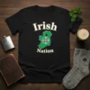 Black t-shirt with "Irish Nation" text and a green map of Ireland featuring a Celtic knot design