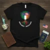 Irish Roots American Grown t-shirt design featuring a tree with Irish and US flags, and Celtic knotwork