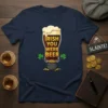 Irish You Were Beer text design on a navy t-shirt with a beer glass, pot of gold, and shamrocks