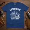 Irkutsk Est. 1661 t-shirt design with mountains, lake, and cabin graphic