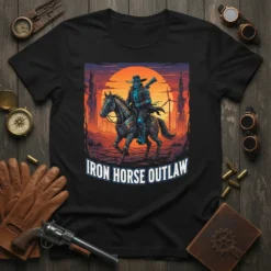 Iron Horse Outlaw text design with a steampunk cowboy riding a mechanical horse in a futuristic desert landscape
