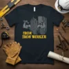 Iron Iron Worker t-shirt with muscular arms holding tools and an American flag graphic