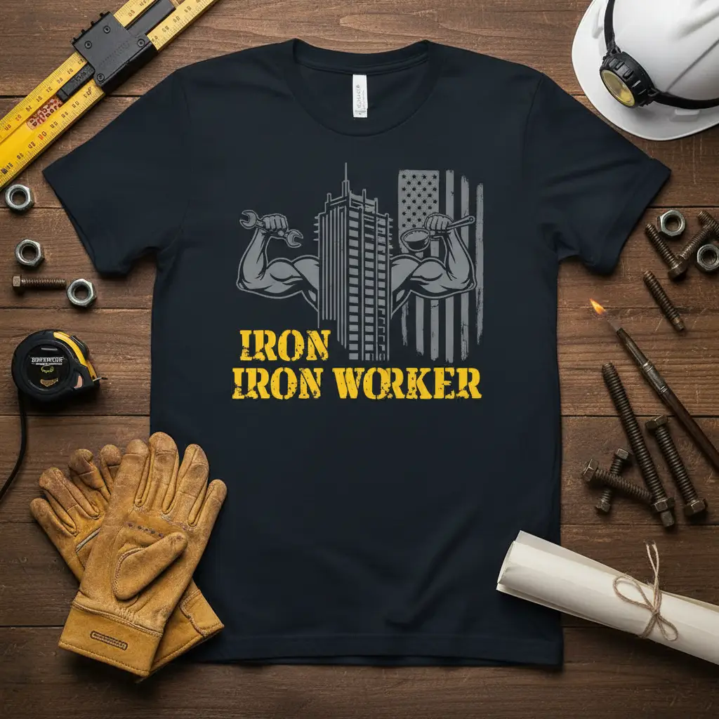 Iron Iron Worker t-shirt design with muscular arms, tools, and American flag graphic