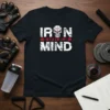 Black t-shirt with "Iron State of Mind" text and a skull graphic, featuring weightlifting imagery
