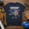 Ironworker Brain Anatomy T-Shirt with American flag inside a brain graphic, detailing skills like steady hand and safety awareness