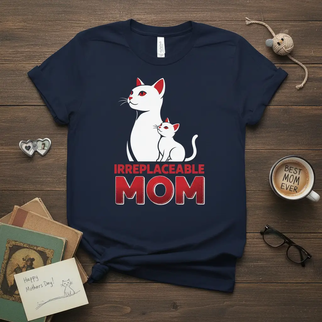 Irreplaceable Mom text and two white cats design on a navy blue t-shirt, perfect for cat moms