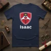 Navy blue t-shirt with the name Isaac in white text below a shield graphic featuring hands forming a heart and