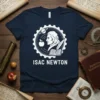 Isac Newton science t-shirt with portrait, apple, planet, book, and gear graphic