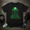 Black t-shirt featuring a neon green ISIB INDI text over sunglasses above a neon green cityscape