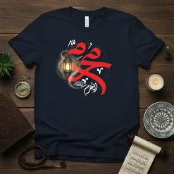 Islamic calligraphy t-shirt featuring 'محمد وال العالمين' in red and white Arabic script with a glowing lantern graphic