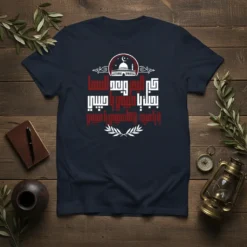 Islamic calligraphy T-Shirt with Arabic text "قلبي يهتف يا حسين" in red and white, featuring a mosque graphic above