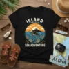 Island Paradise Sea Adventure t-shirt design featuring a sea turtle swimming in the ocean with a sunset and volcano graphic