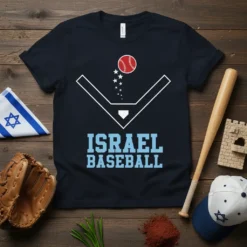 Israel Baseball text graphic with baseball diamond, baseball, and stars on a navy t-shirt